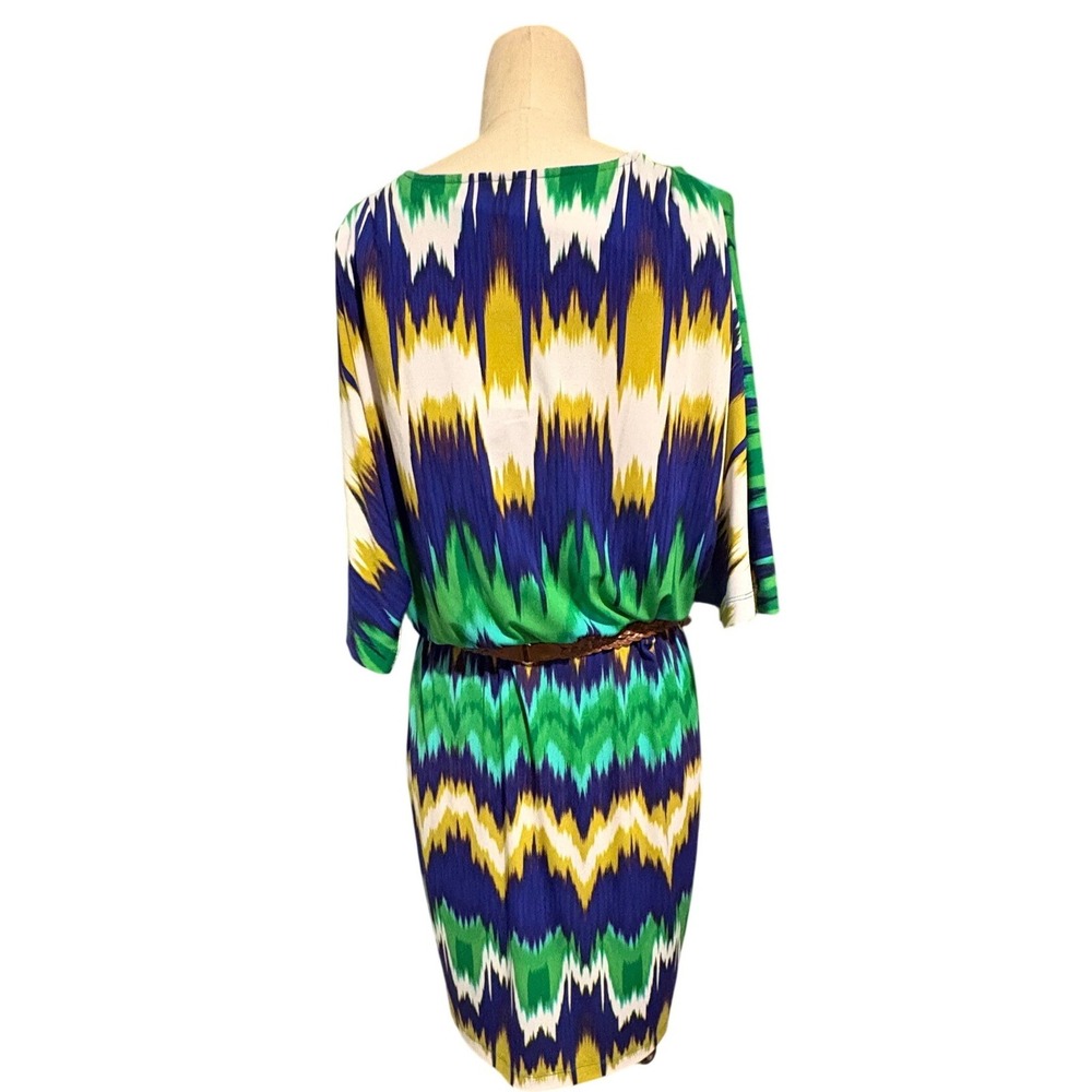 5 for $25 Calvin Klein Green Blue Yellow Chevron Ikat Faux Wrap Belted Dress 4P - Picture 9 of 9
